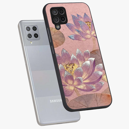 Blossom Mist Lotus Glass Case displayed in angled mockup highlighting delicate lotus illustration with calm aesthetic theme.