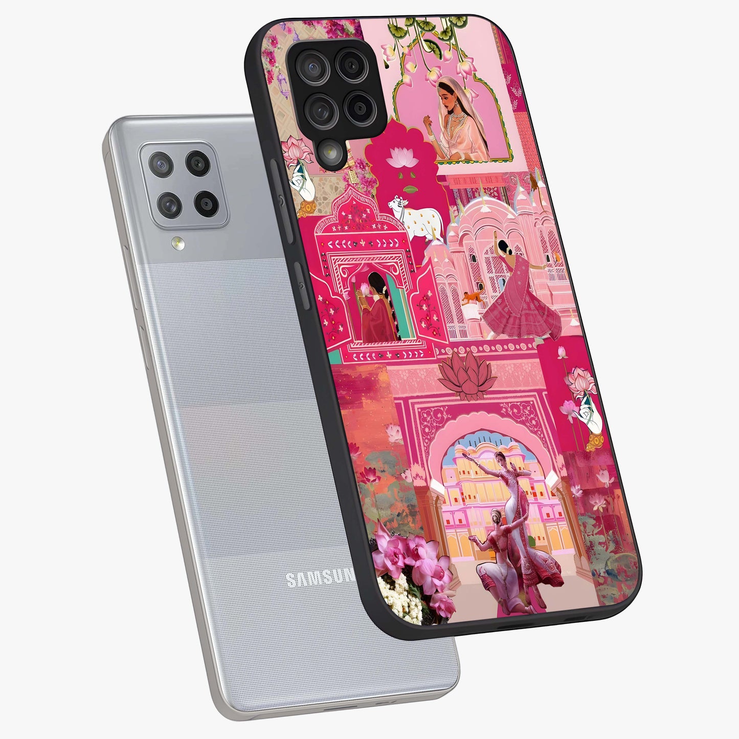 Blossoms of Rajasthan Glass Case displayed in angled mockup highlighting vibrant floral pattern with cultural aesthetic style.