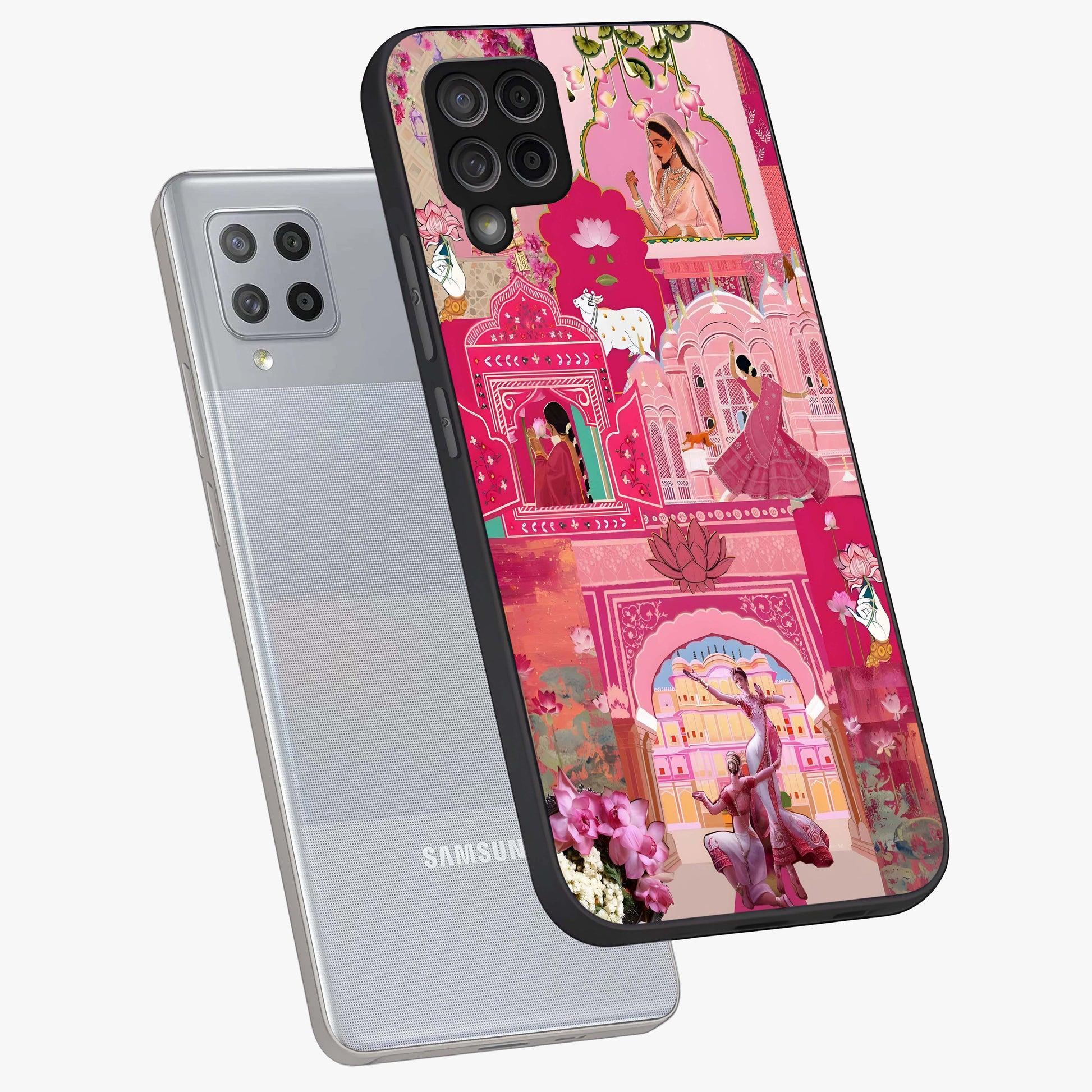 Blossoms of Rajasthan Glass Case displayed in angled mockup highlighting vibrant floral pattern with cultural aesthetic style.