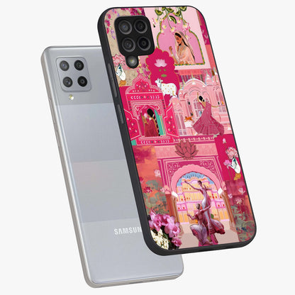 Blossoms of Rajasthan Glass Case displayed in angled mockup highlighting vibrant floral pattern with cultural aesthetic style.