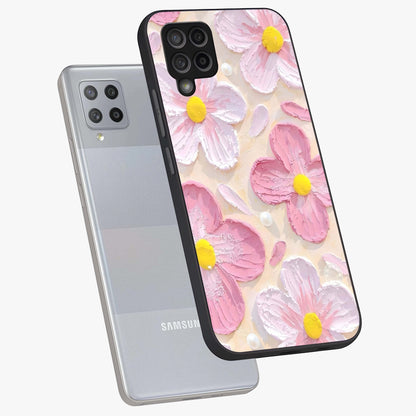 Blush Bloom Texture Glass Case displayed in angled mockup highlighting subtle bloom pattern with aesthetic pastel design.