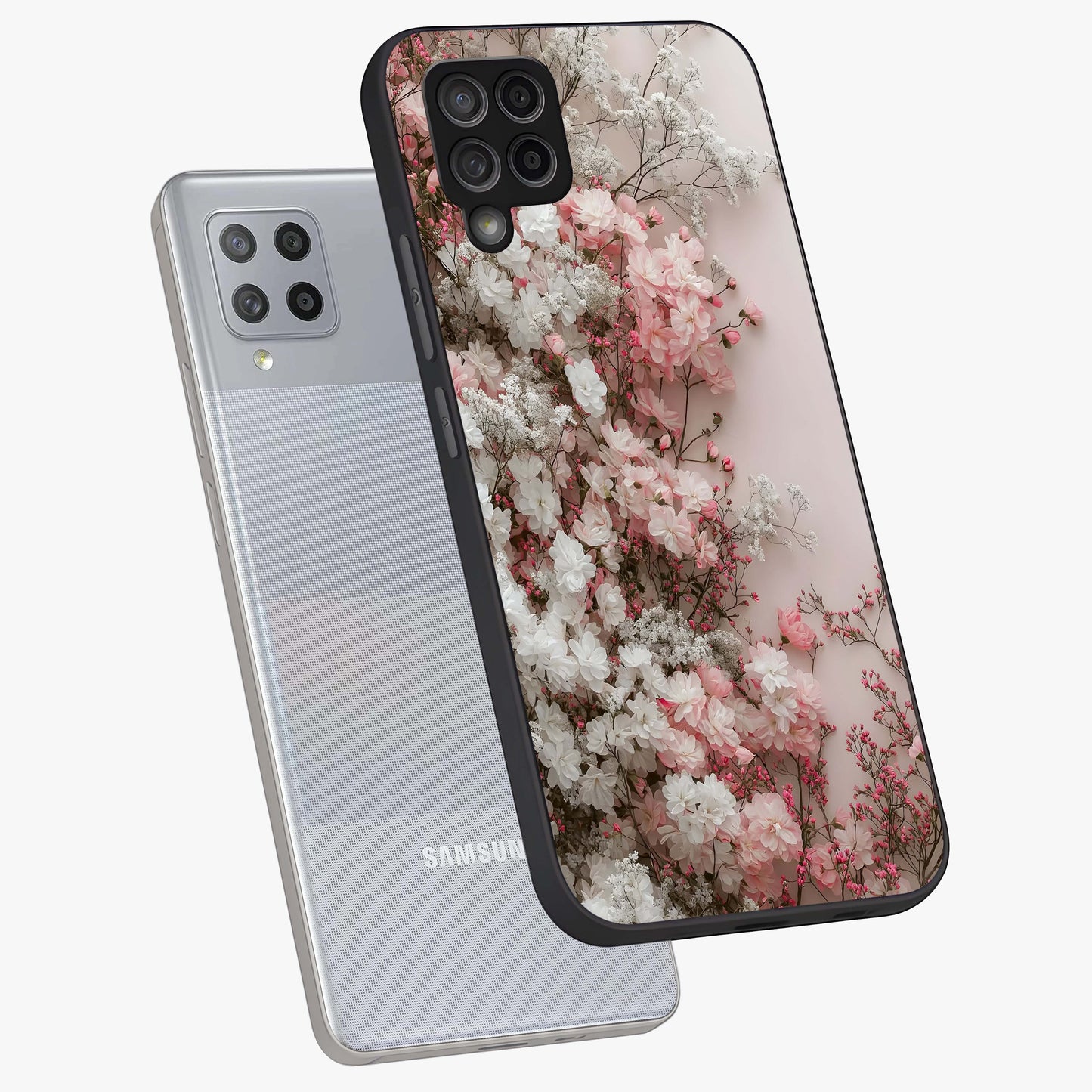 Blush Blossom Cloud Glass Case displayed in angled mockup highlighting soft cloud and blossom design with pastel aesthetic.