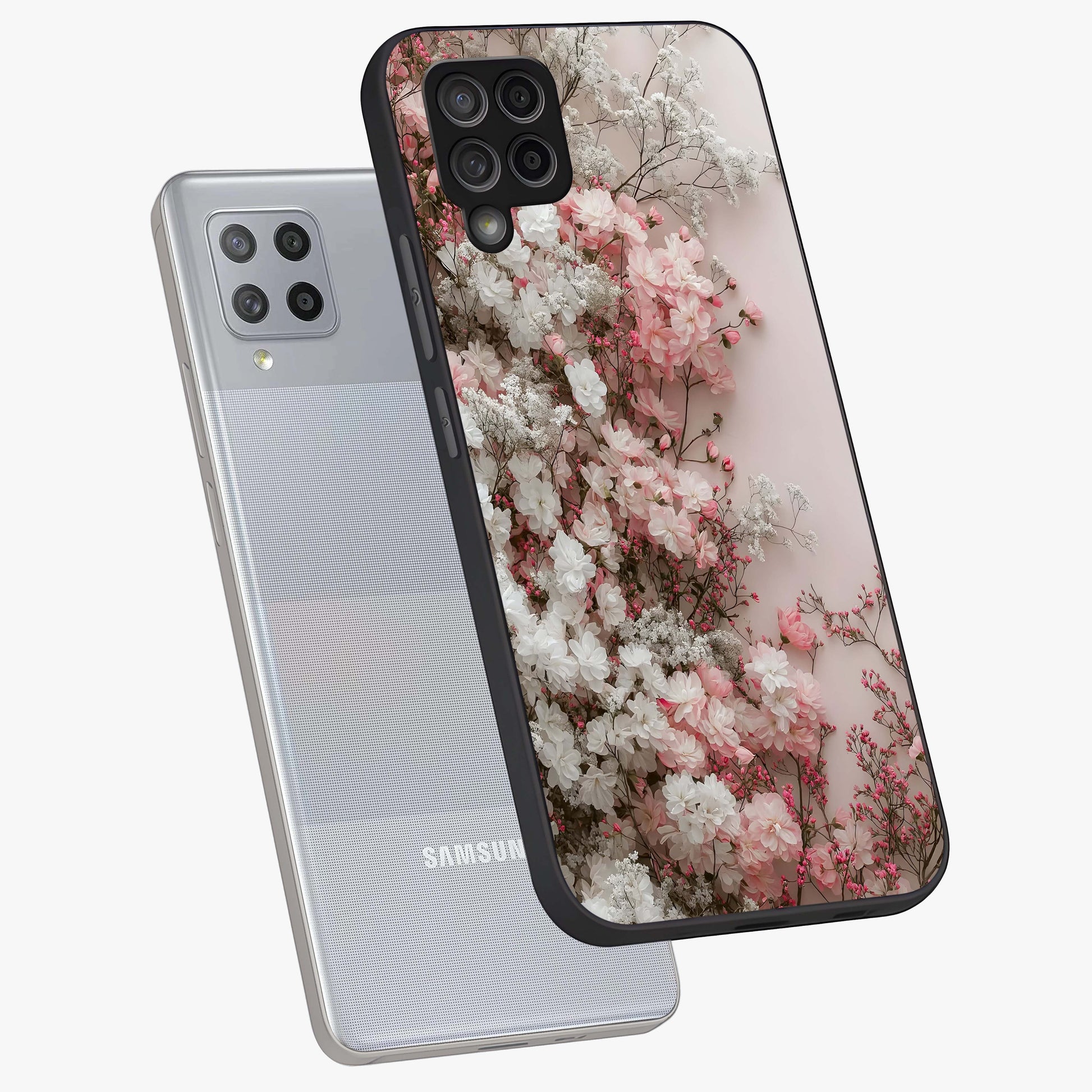 Blush Blossom Cloud Glass Case displayed in angled mockup highlighting soft cloud and blossom design with pastel aesthetic.