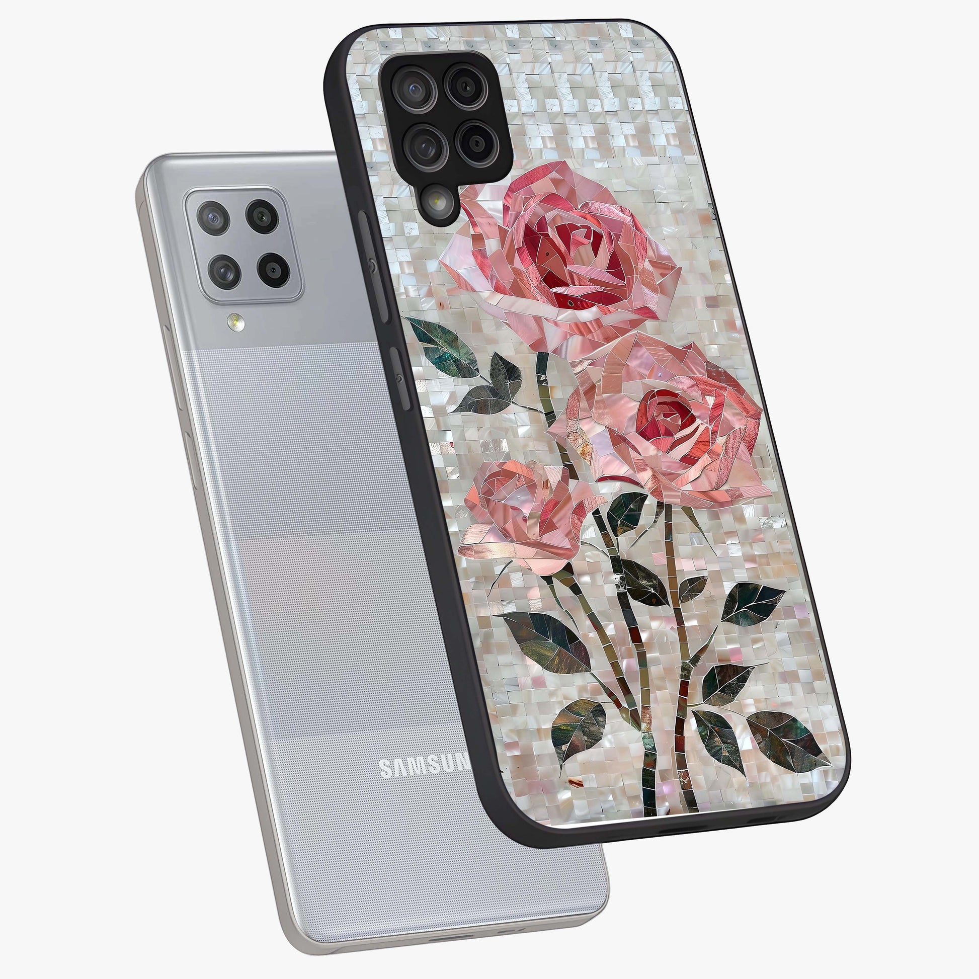 Blush Mosaic Bloom Glass Case displayed in angled mockup highlighting artistic mosaic flower pattern with aesthetic design.