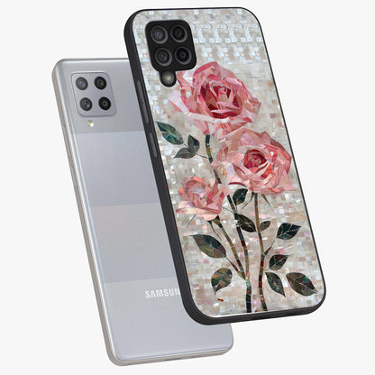 Blush Mosaic Bloom Glass Case displayed in angled mockup highlighting artistic mosaic flower pattern with aesthetic design.