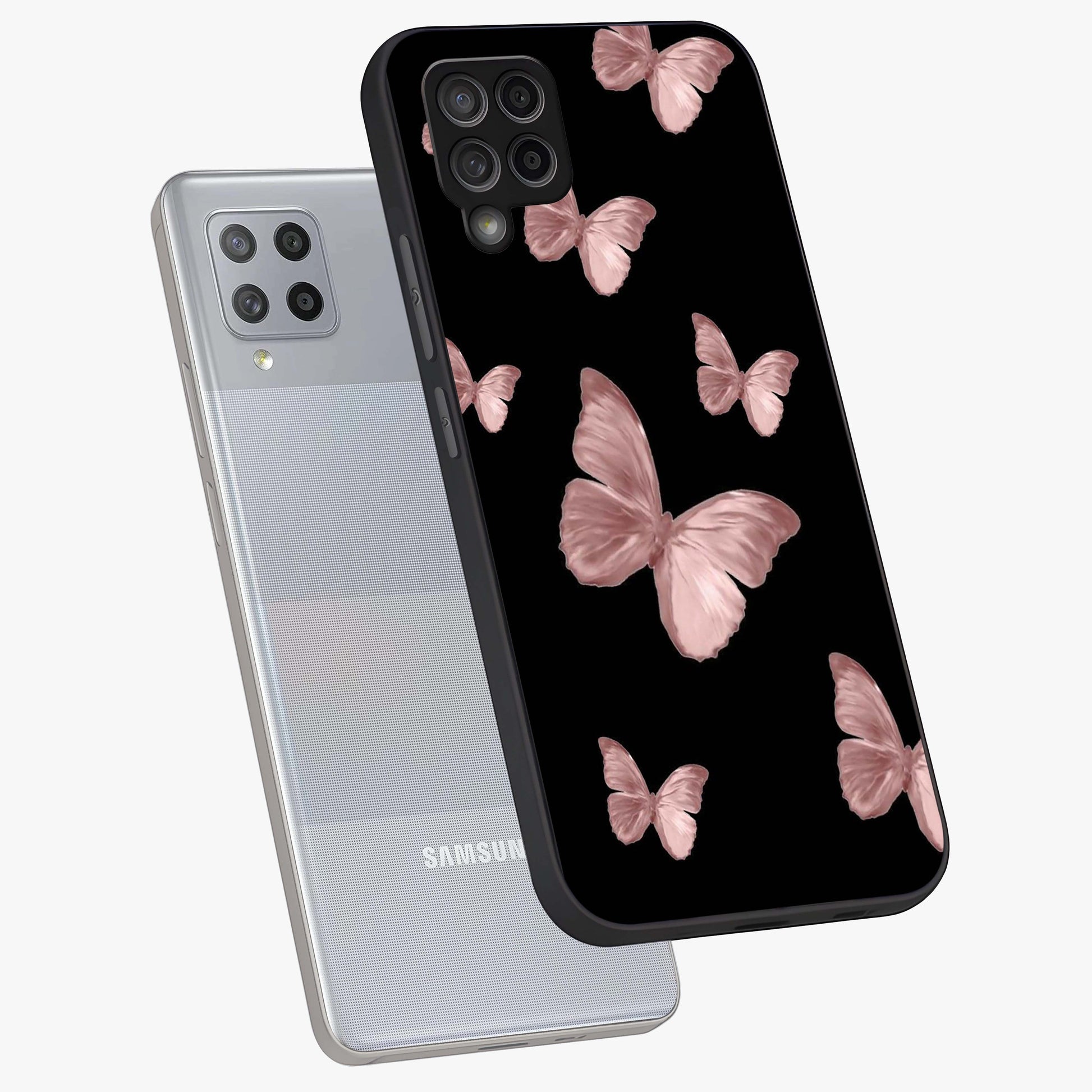Butterfly Pattern Glass Case displayed in angled mockup highlighting delicate butterfly design and aesthetic pattern style.