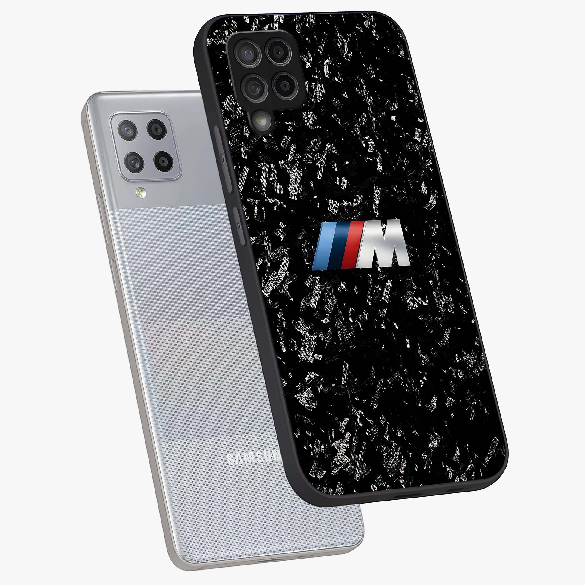 Carbon Speed Mark Glass Case displayed in angled mockup highlighting racing inspired carbon design and sleek aesthetic style.