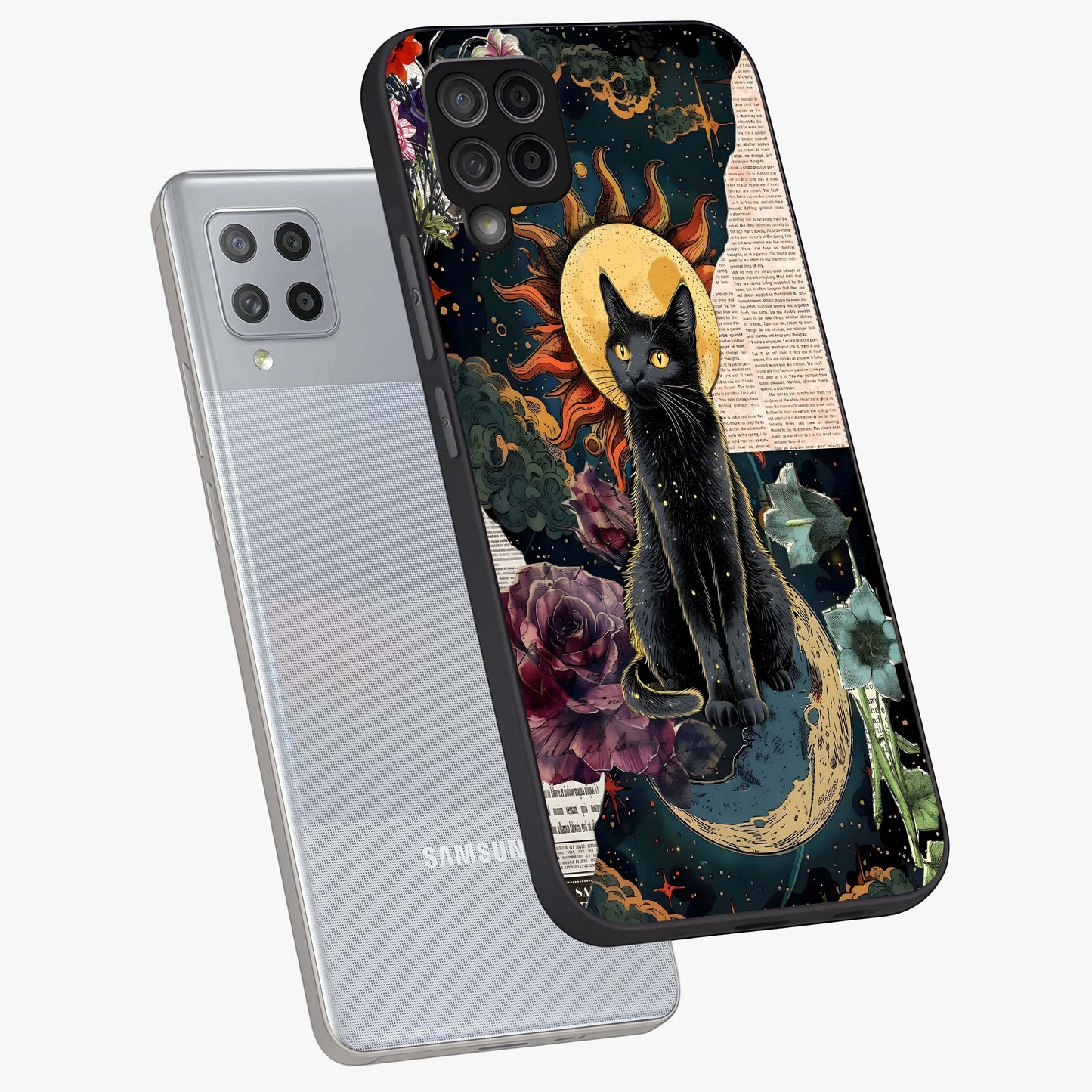 Celestial Black Cat Glass Case displayed in angled mockup highlighting cosmic black cat design with celestial aesthetic.