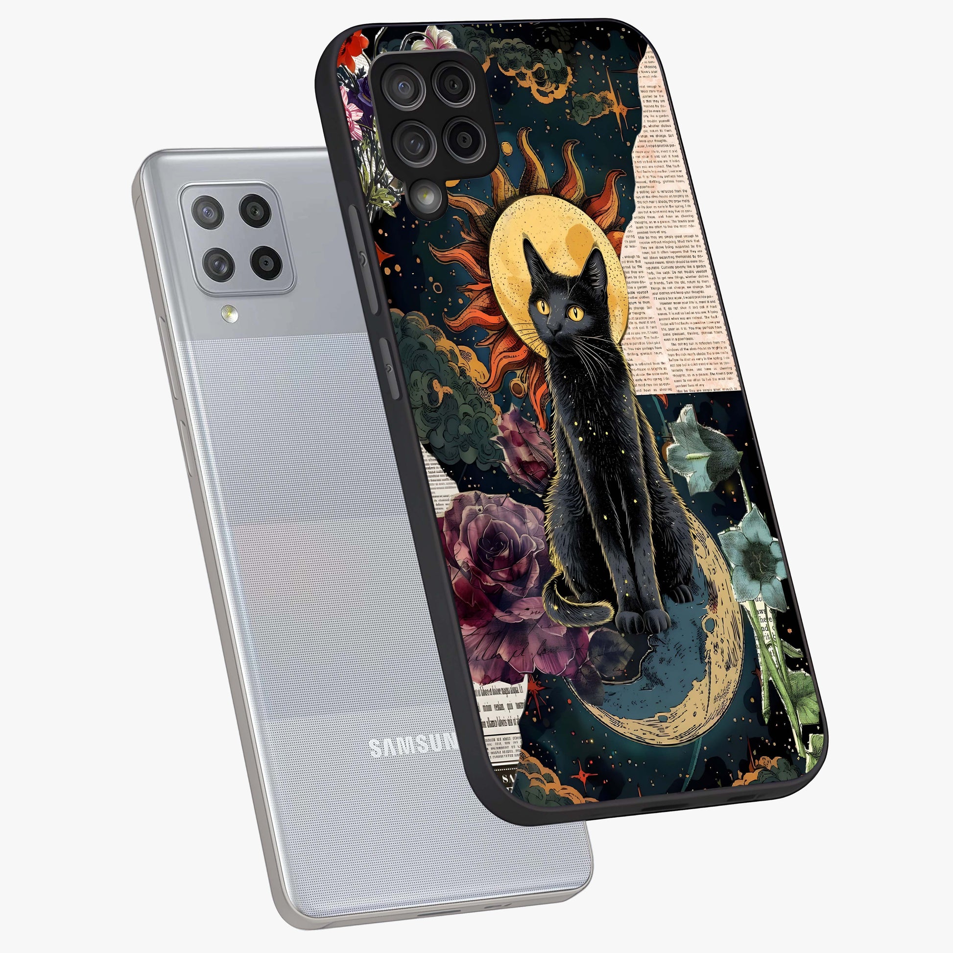 Celestial Black Cat Glass Case displayed in angled mockup highlighting cosmic black cat design with celestial aesthetic.