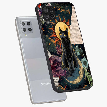 Celestial Black Cat Glass Case displayed in angled mockup highlighting cosmic black cat design with celestial aesthetic.