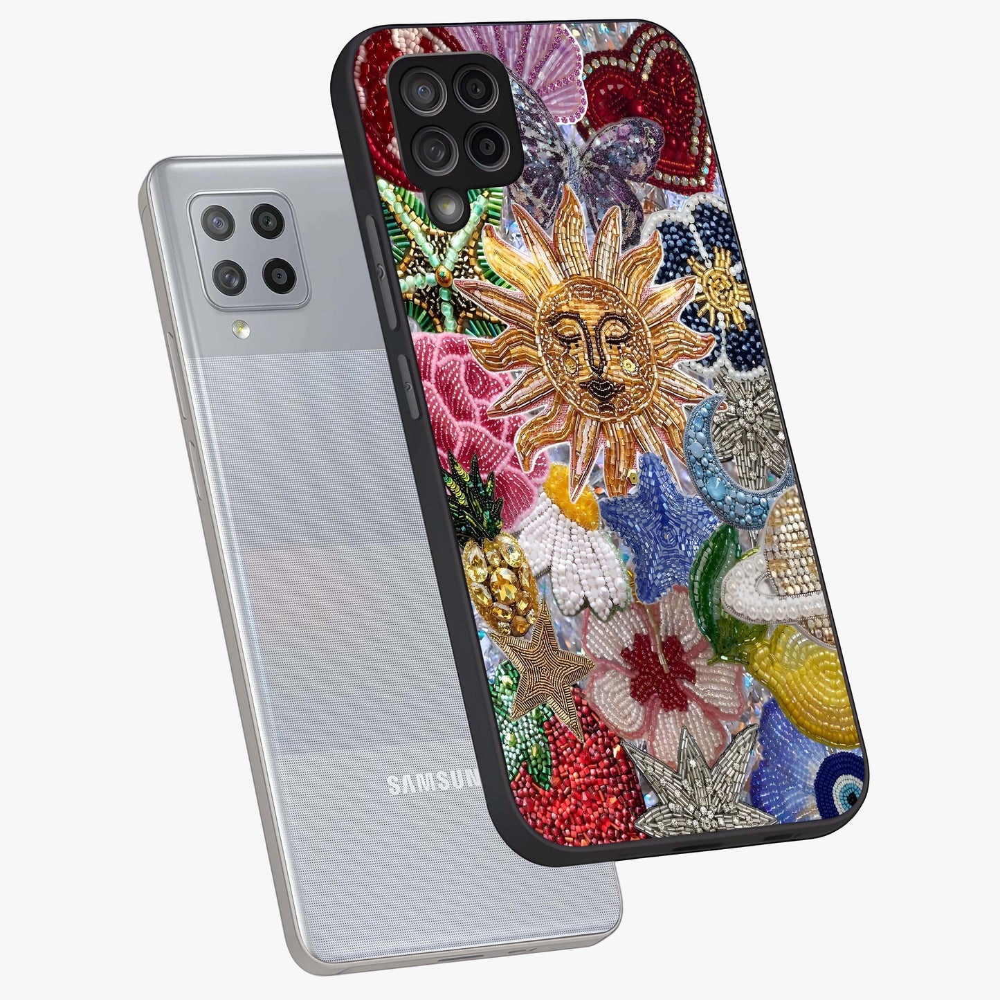 Celestial Floral and Playful Glass Case displayed in angled mockup highlighting playful floral design with dreamy celestial elements.