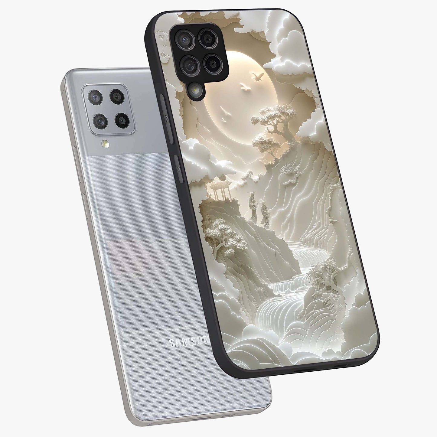 Celestial Origami Glass Case displayed in angled mockup highlighting geometric origami design with cosmic aesthetic theme.