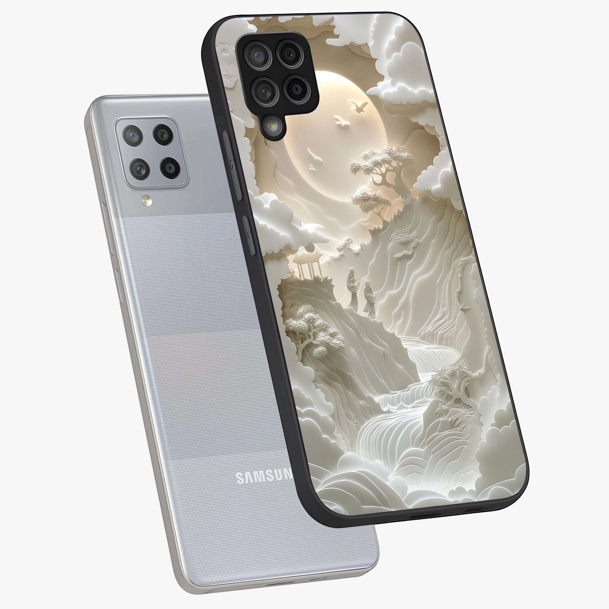 Celestial Origami Glass Case displayed in angled mockup highlighting geometric origami design with cosmic aesthetic theme.