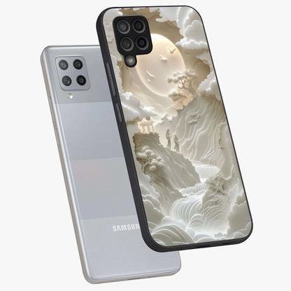Celestial Origami Glass Case displayed in angled mockup highlighting geometric origami design with cosmic aesthetic theme.