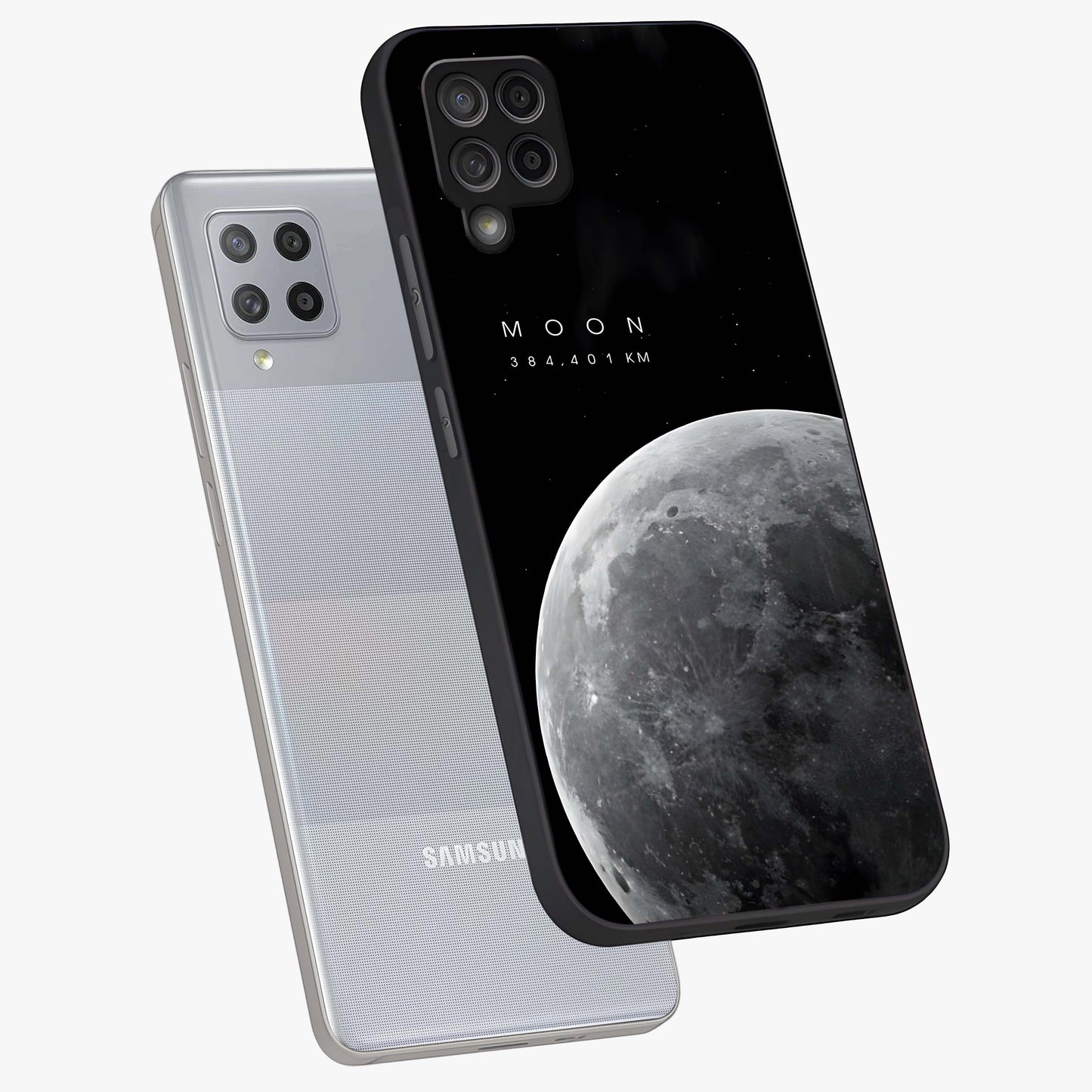 Cosmic Moon Glow Glass Case displayed in angled mockup highlighting celestial moon design with cosmic aesthetic theme.