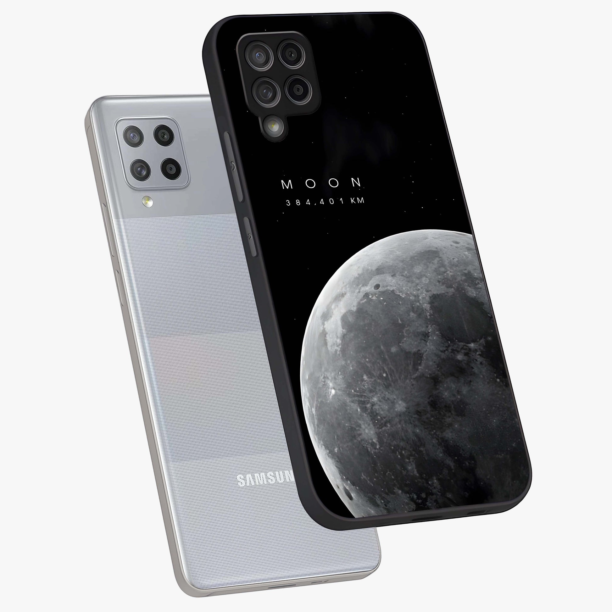 Cosmic Moon Glow Glass Case displayed in angled mockup highlighting celestial moon design with cosmic aesthetic theme.