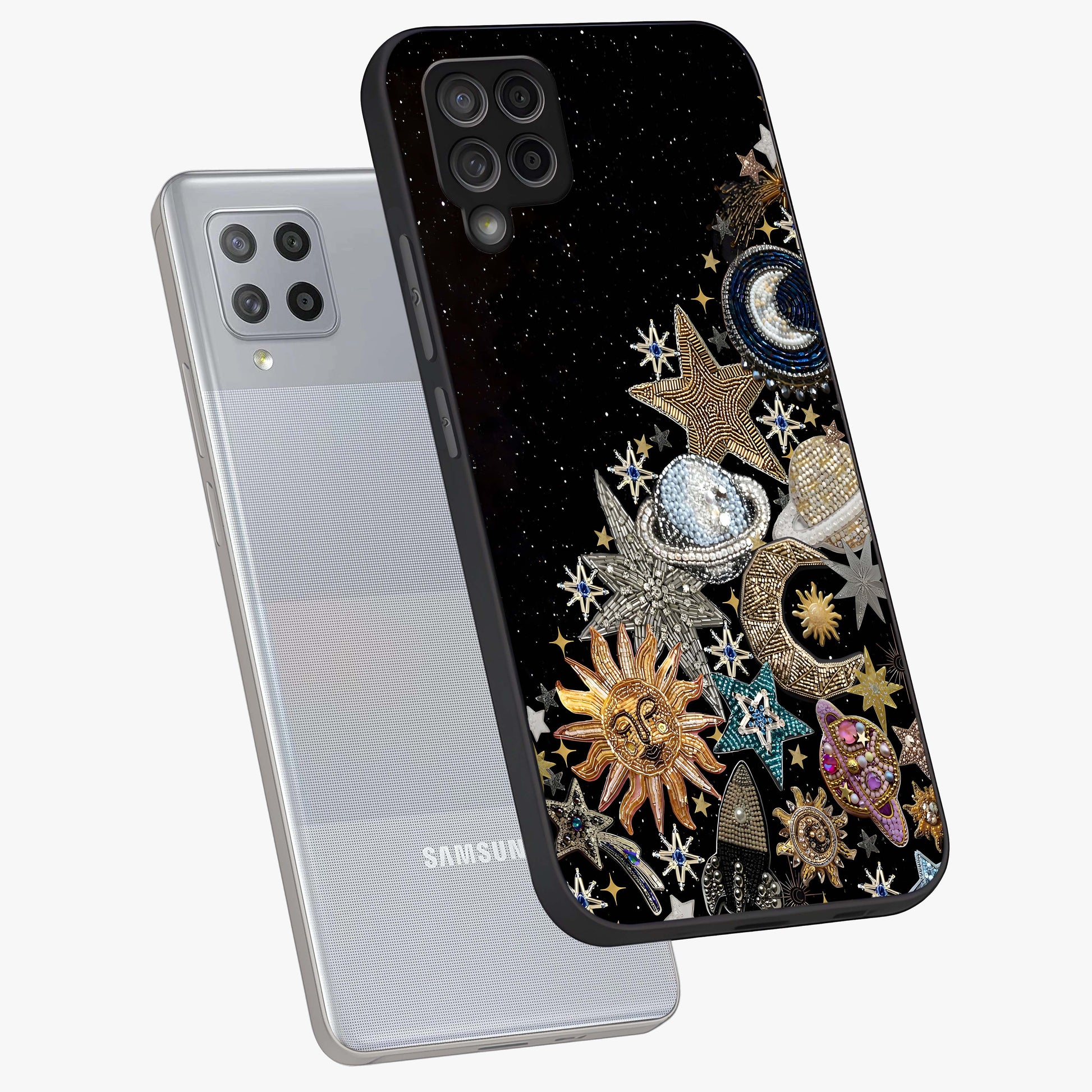 Cosmic Sparkle Dreams Glass Case displayed in angled mockup highlighting dreamy star sparkle design with celestial aesthetic.