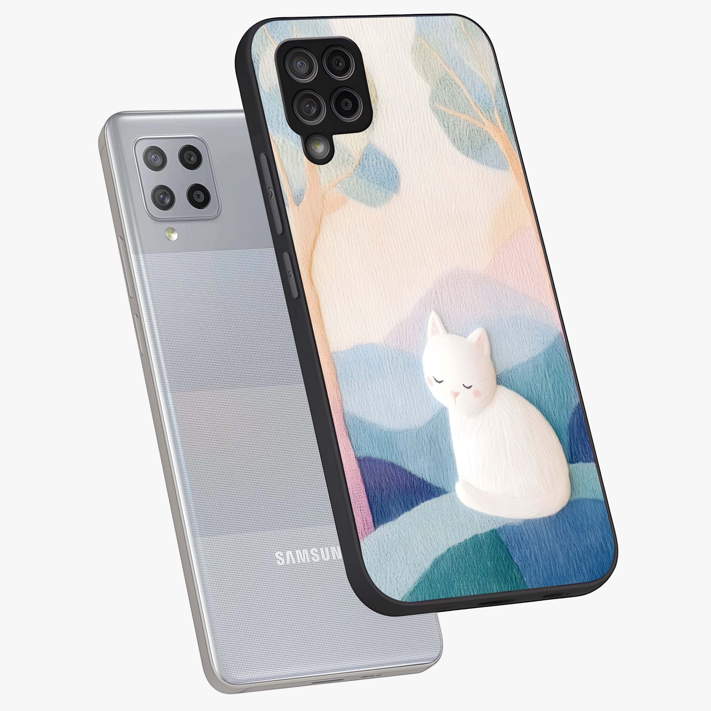 Cotton Dream Cat Glass Case displayed in angled mockup highlighting cute feline illustration with pastel aesthetic style.