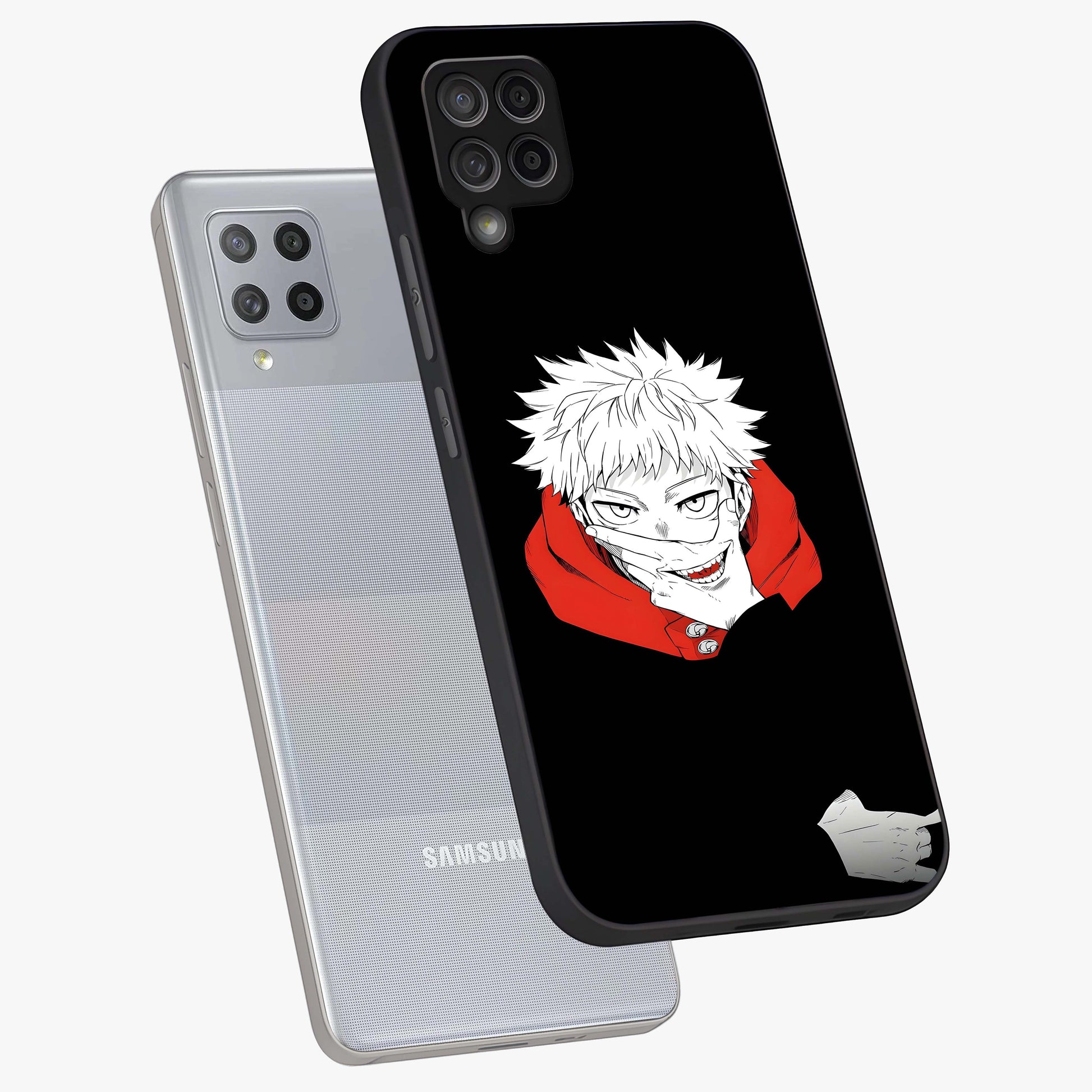 Crimson Chaos Smile Glass Case displayed in angled mockup highlighting edgy crimson smile design with graphic aesthetic.