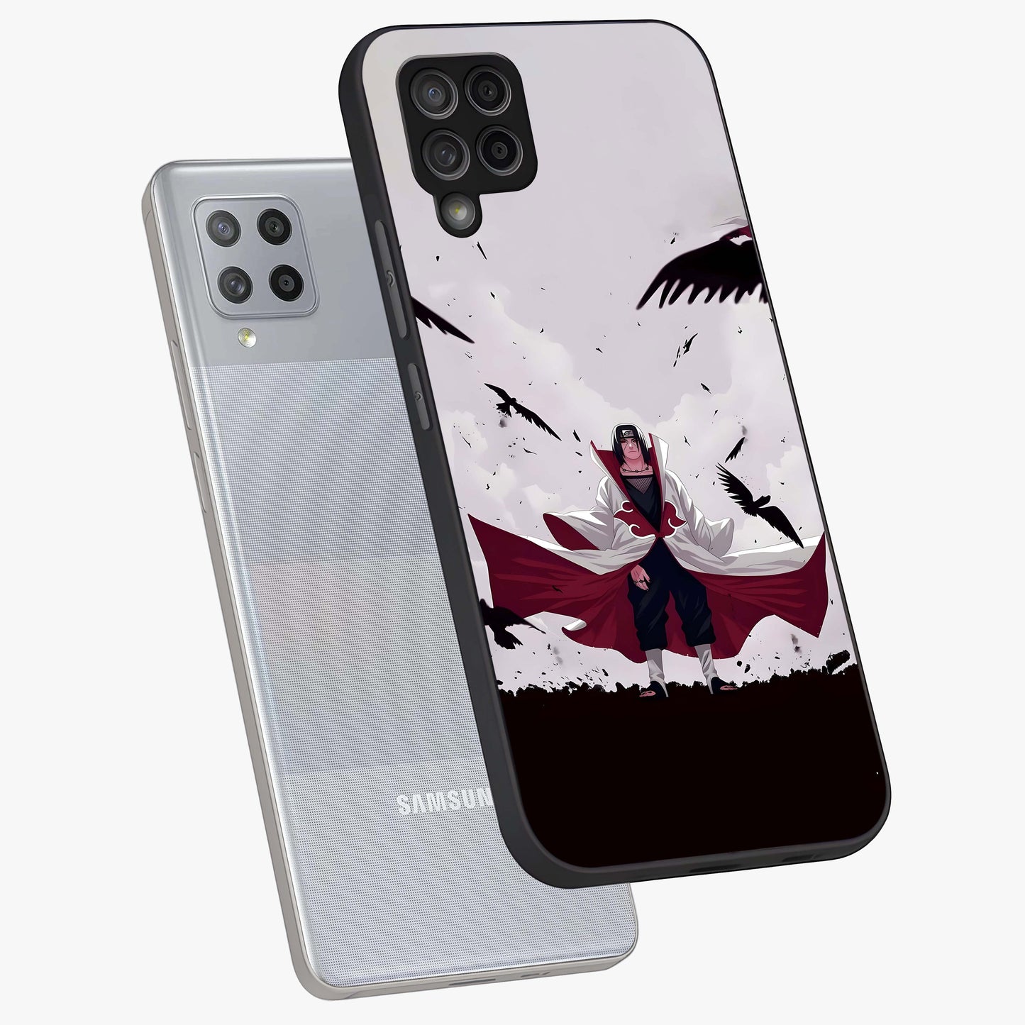 Crimson Crow Ascension Glass Case displayed in angled mockup highlighting powerful crow illustration with dark crimson aesthetic.