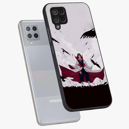 Crimson Crow Ascension Glass Case displayed in angled mockup highlighting powerful crow illustration with dark crimson aesthetic.