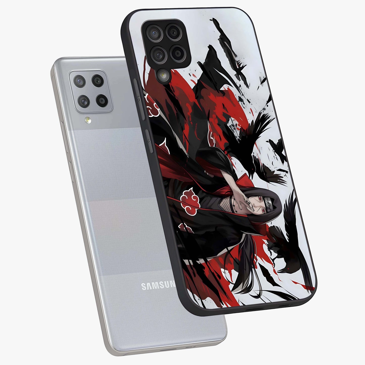 Crimson Crow Illusion Glass Case displayed in angled mockup highlighting mysterious crow graphic with dark aesthetic style.