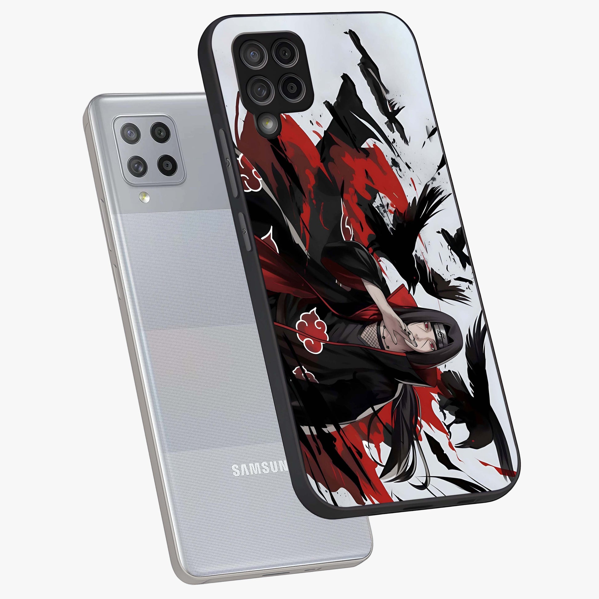 Crimson Crow Illusion Glass Case displayed in angled mockup highlighting mysterious crow graphic with dark aesthetic style.
