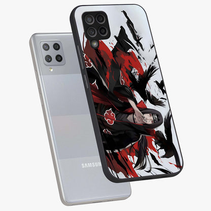 Crimson Crow Illusion Glass Case displayed in angled mockup highlighting mysterious crow graphic with dark aesthetic style.