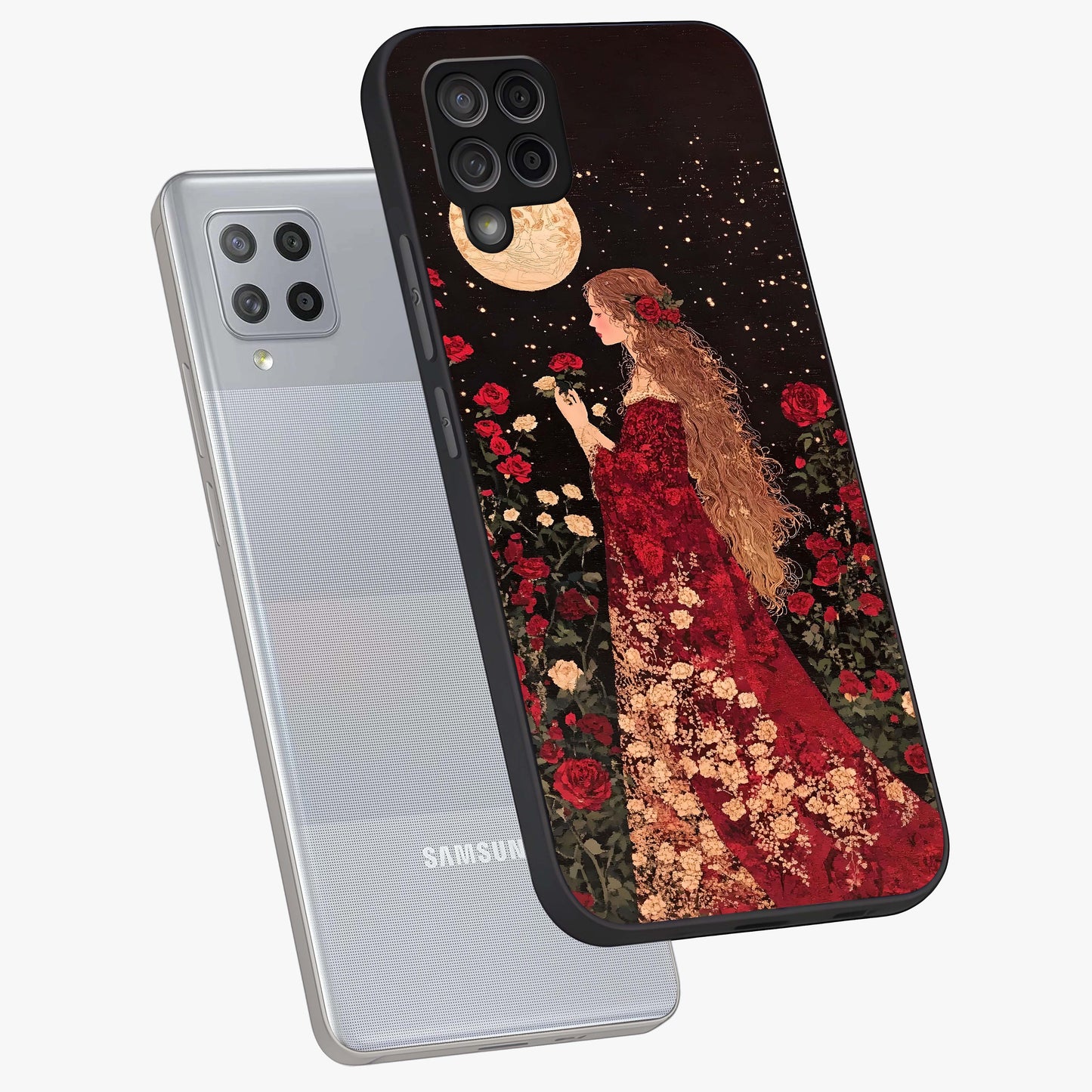 Crimson Dreams Glass Case displayed in angled mockup highlighting soft crimson aesthetic design with artistic theme.