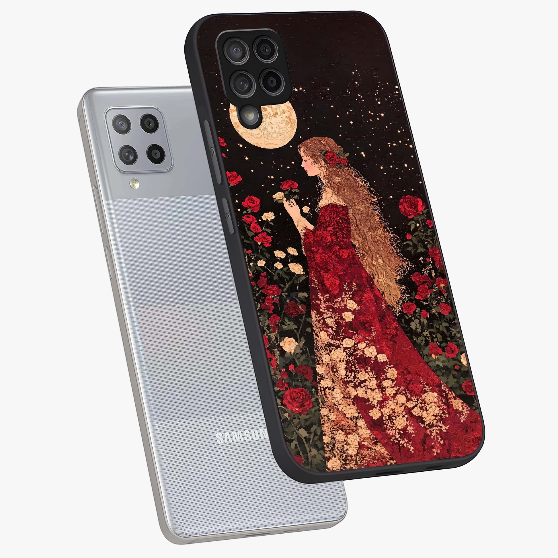 Crimson Dreams Glass Case displayed in angled mockup highlighting soft crimson aesthetic design with artistic theme.