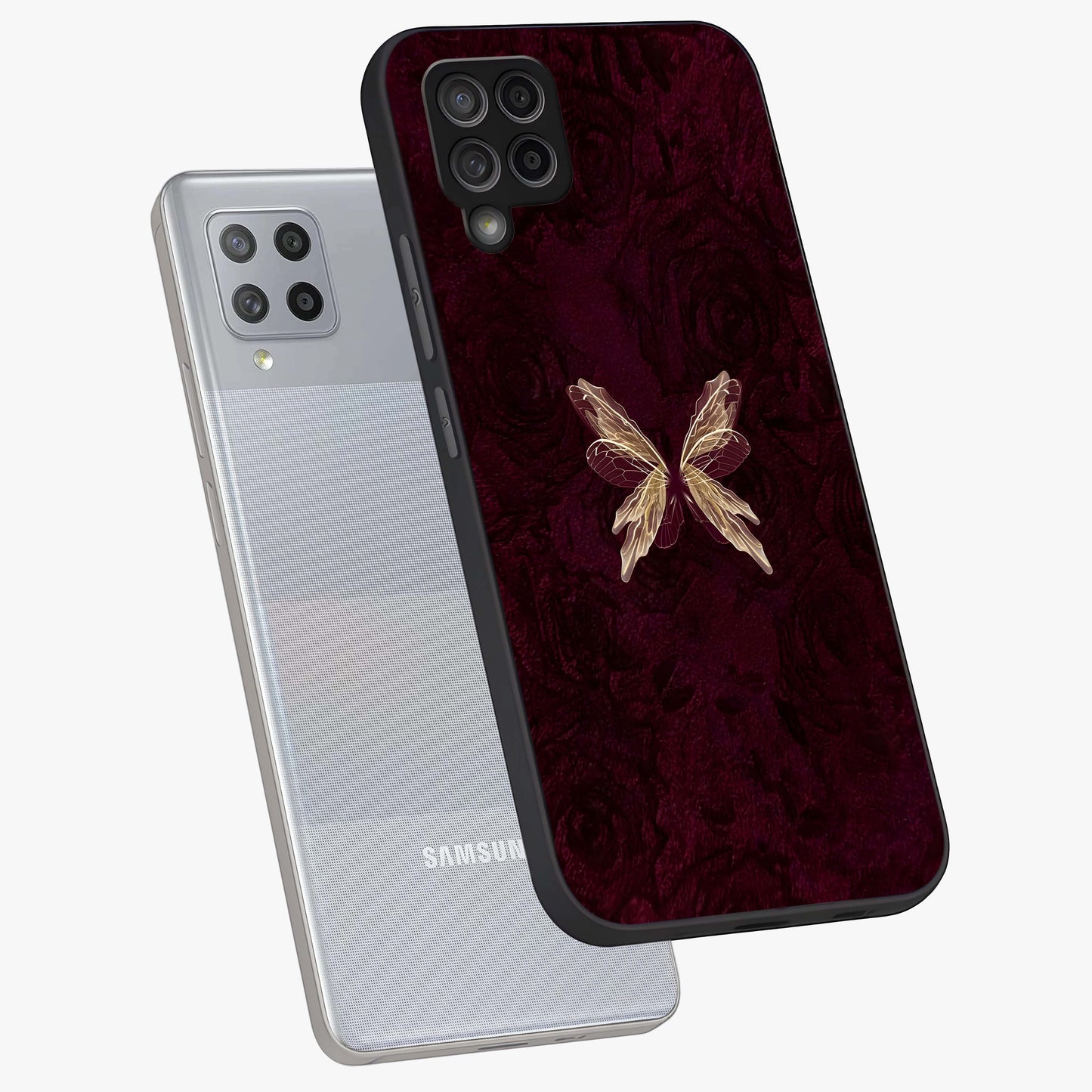 Crimson Fade Butterfly Glass Case displayed in angled mockup highlighting elegant butterfly design with crimson gradient aesthetic.