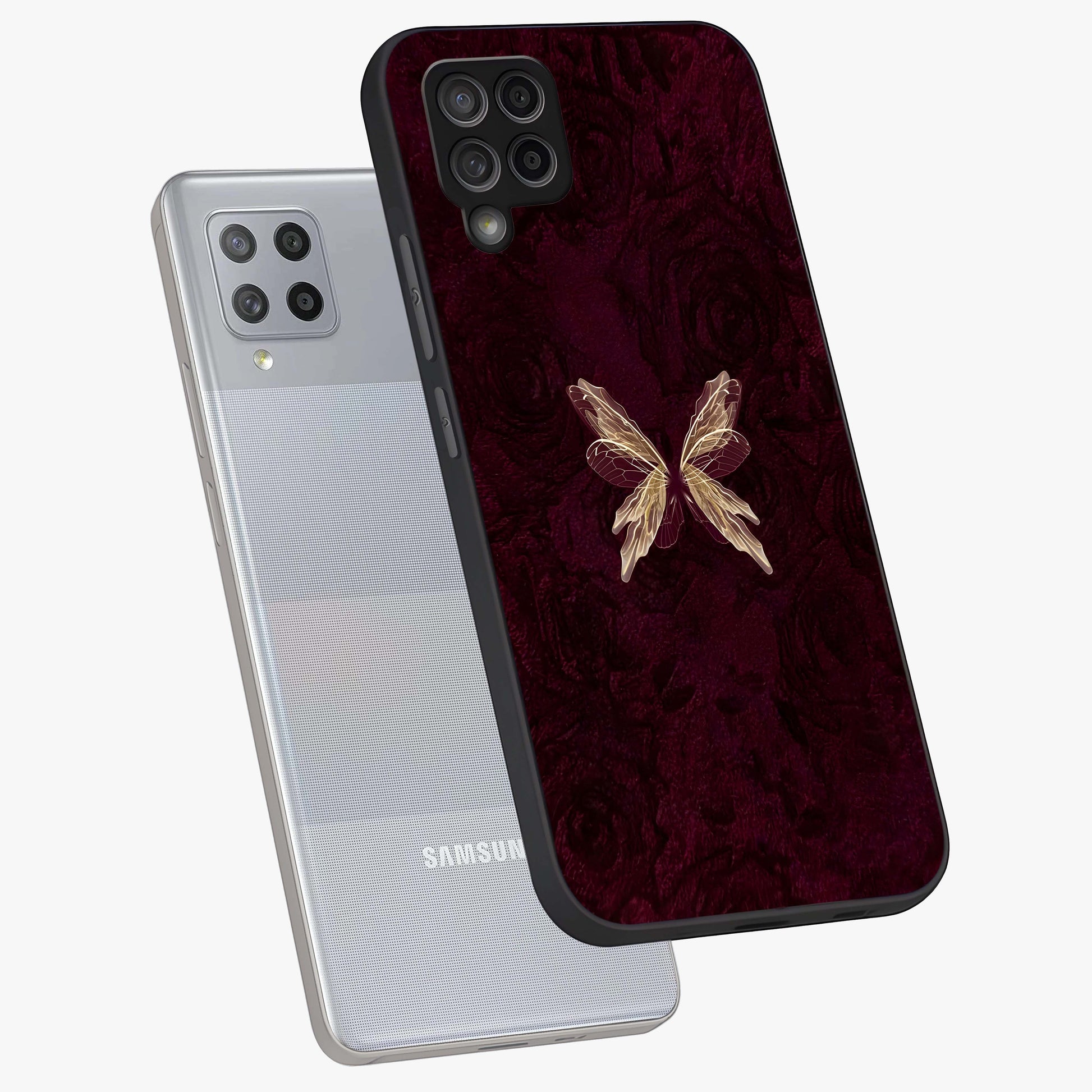 Crimson Fade Butterfly Glass Case displayed in angled mockup highlighting elegant butterfly design with crimson gradient aesthetic.