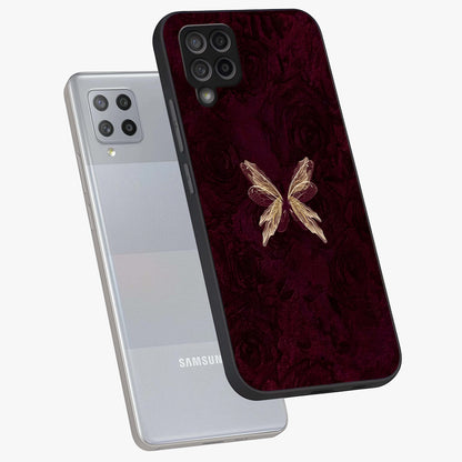 Crimson Fade Butterfly Glass Case displayed in angled mockup highlighting elegant butterfly design with crimson gradient aesthetic.