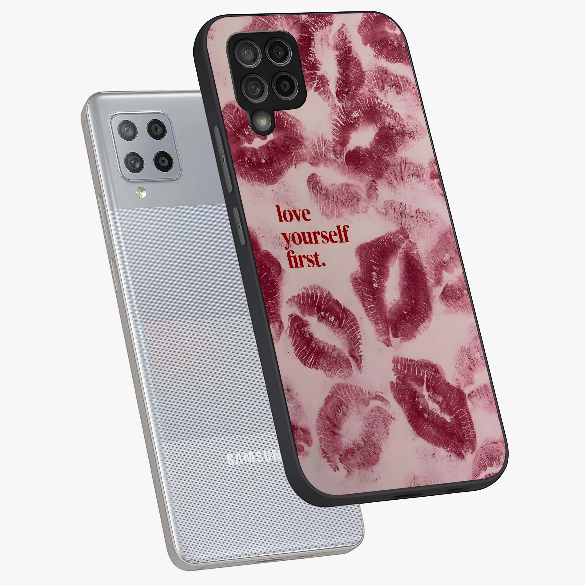 Crimson Kiss Love Glass Case displayed in angled mockup highlighting bold love inspired design with modern aesthetic style.