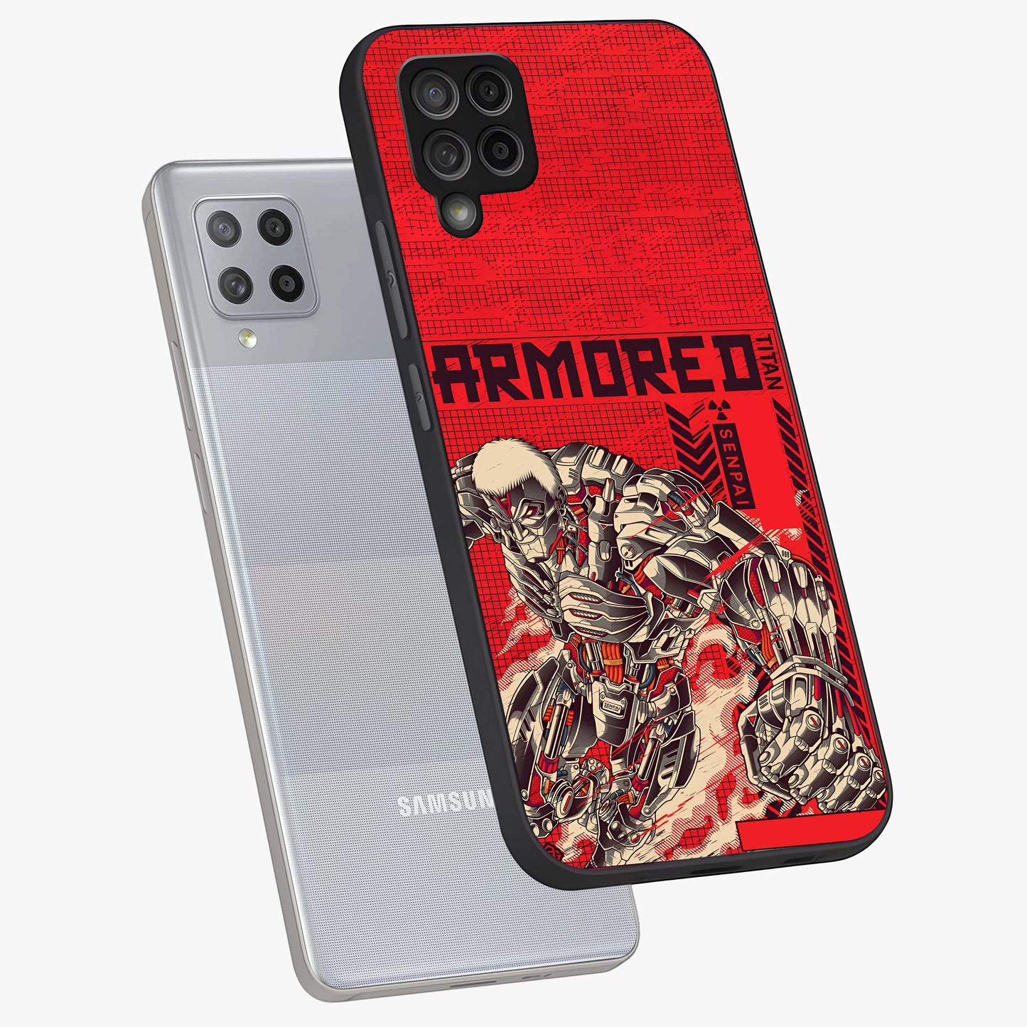 Crimson Mecha Titan Glass Case displayed in angled mockup highlighting futuristic mech illustration with bold crimson aesthetic.