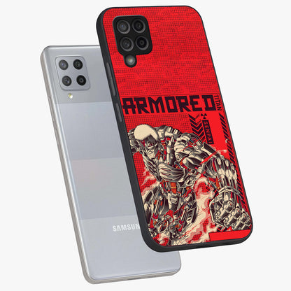 Crimson Mecha Titan Glass Case displayed in angled mockup highlighting futuristic mech illustration with bold crimson aesthetic.