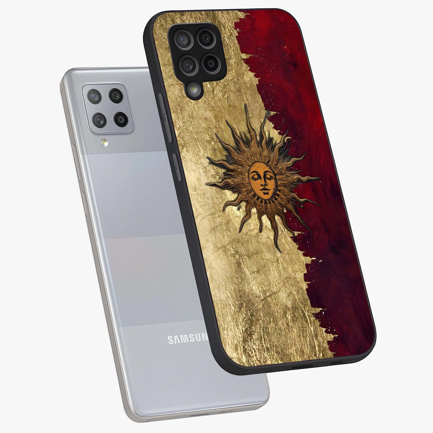 Crimson Sun Majesty Glass Case displayed in angled mockup highlighting majestic crimson sun design with bold aesthetic style.