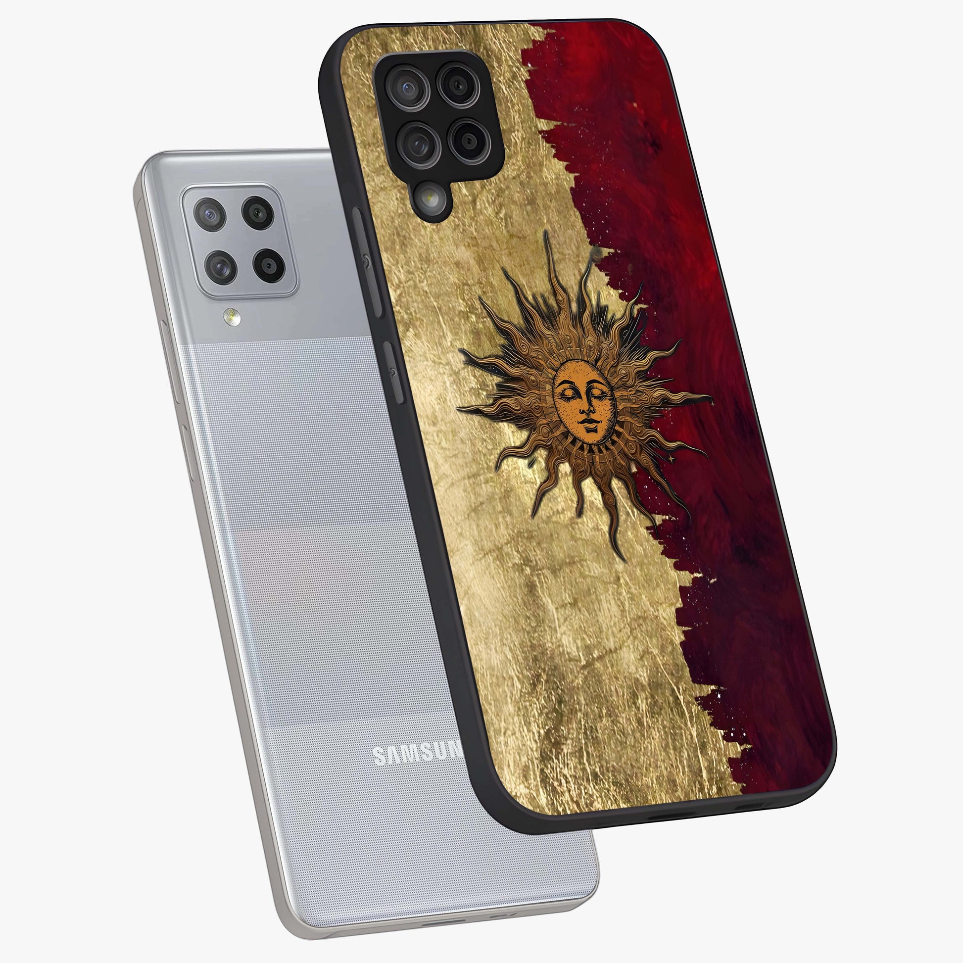 Crimson Sun Majesty Glass Case displayed in angled mockup highlighting majestic crimson sun design with bold aesthetic style.