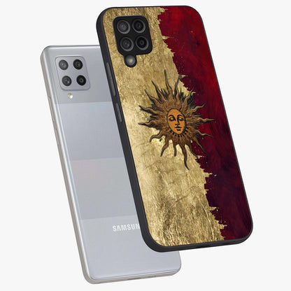 Crimson Sun Majesty Glass Case displayed in angled mockup highlighting majestic crimson sun design with bold aesthetic style.