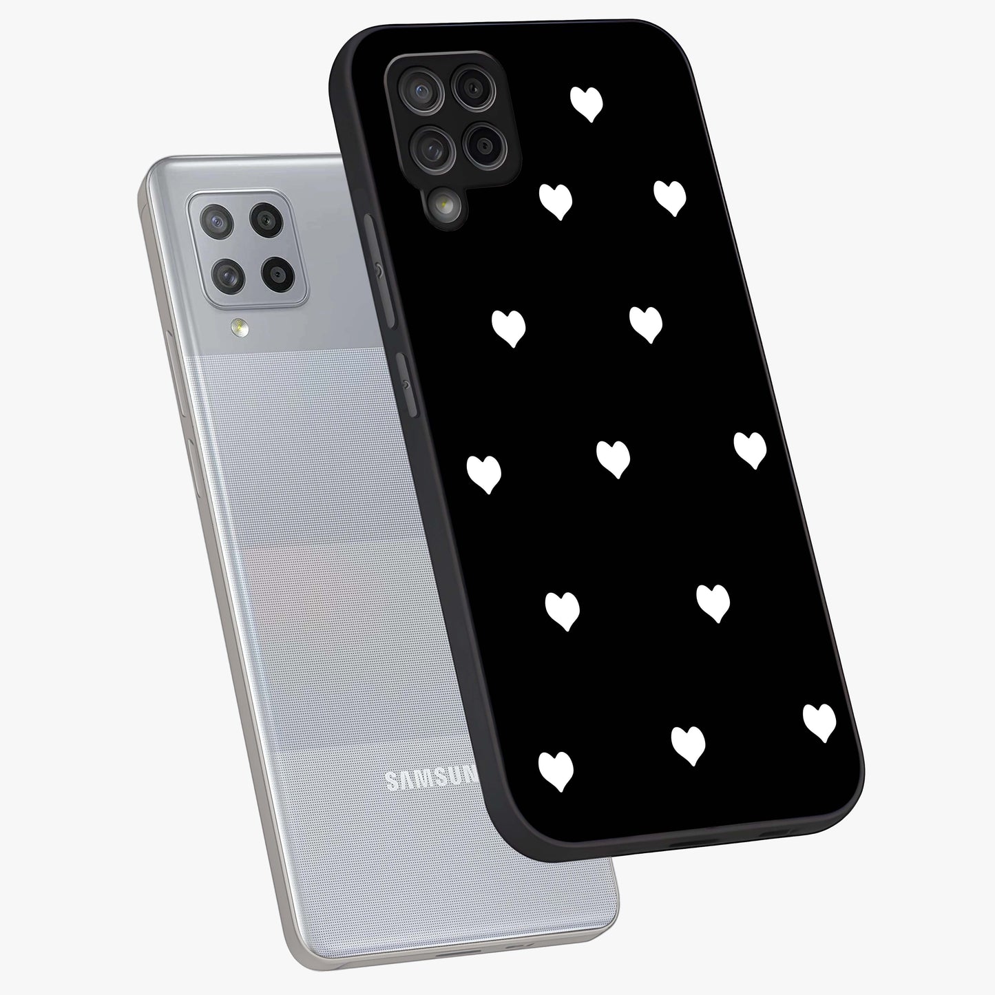 Cute And Simple White Hearts Glass Case displayed in angled mockup highlighting cute heart design with clean aesthetic style.