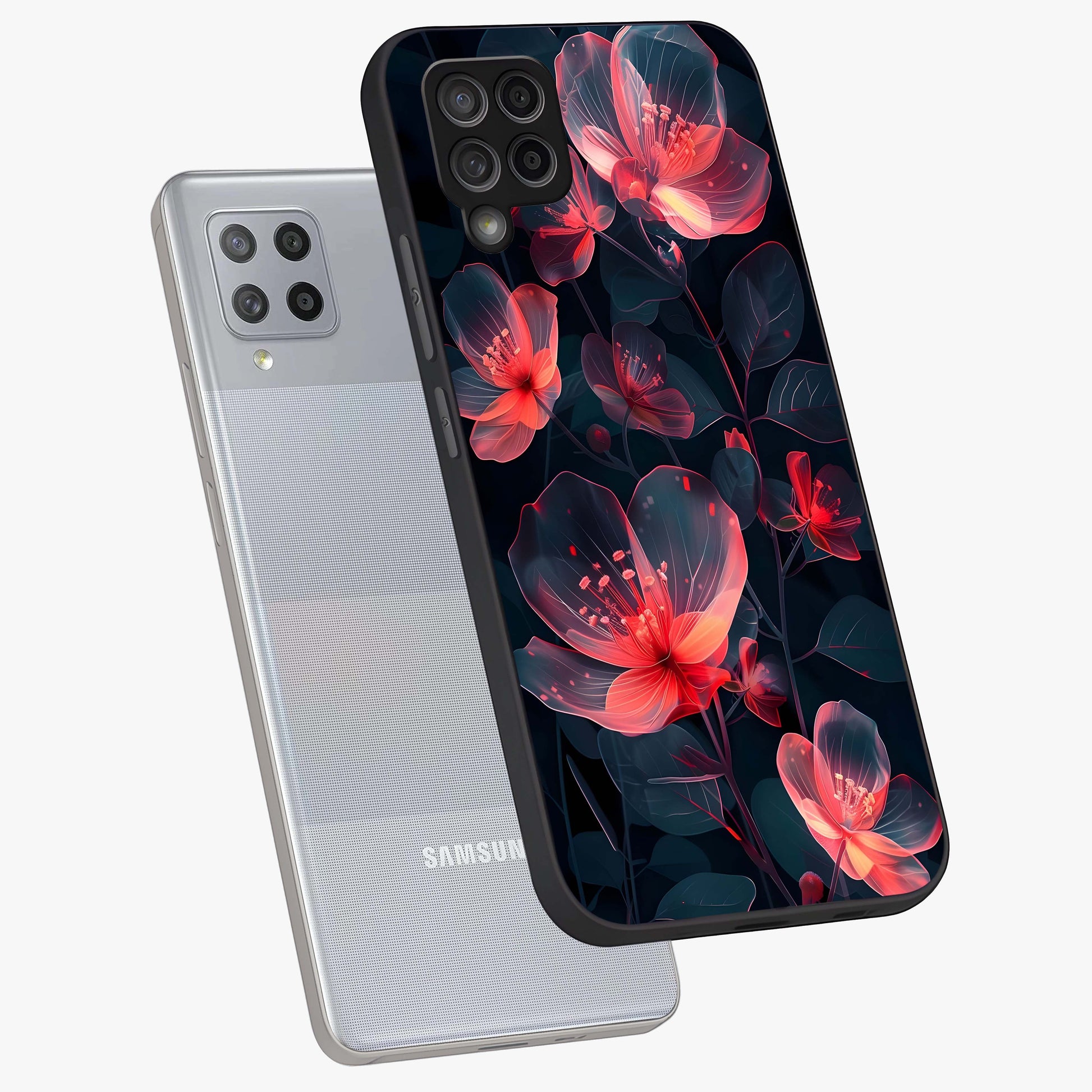 Dark Shade of Flower Glass Case displayed in angled mockup highlighting moody floral illustration with aesthetic dark tones.