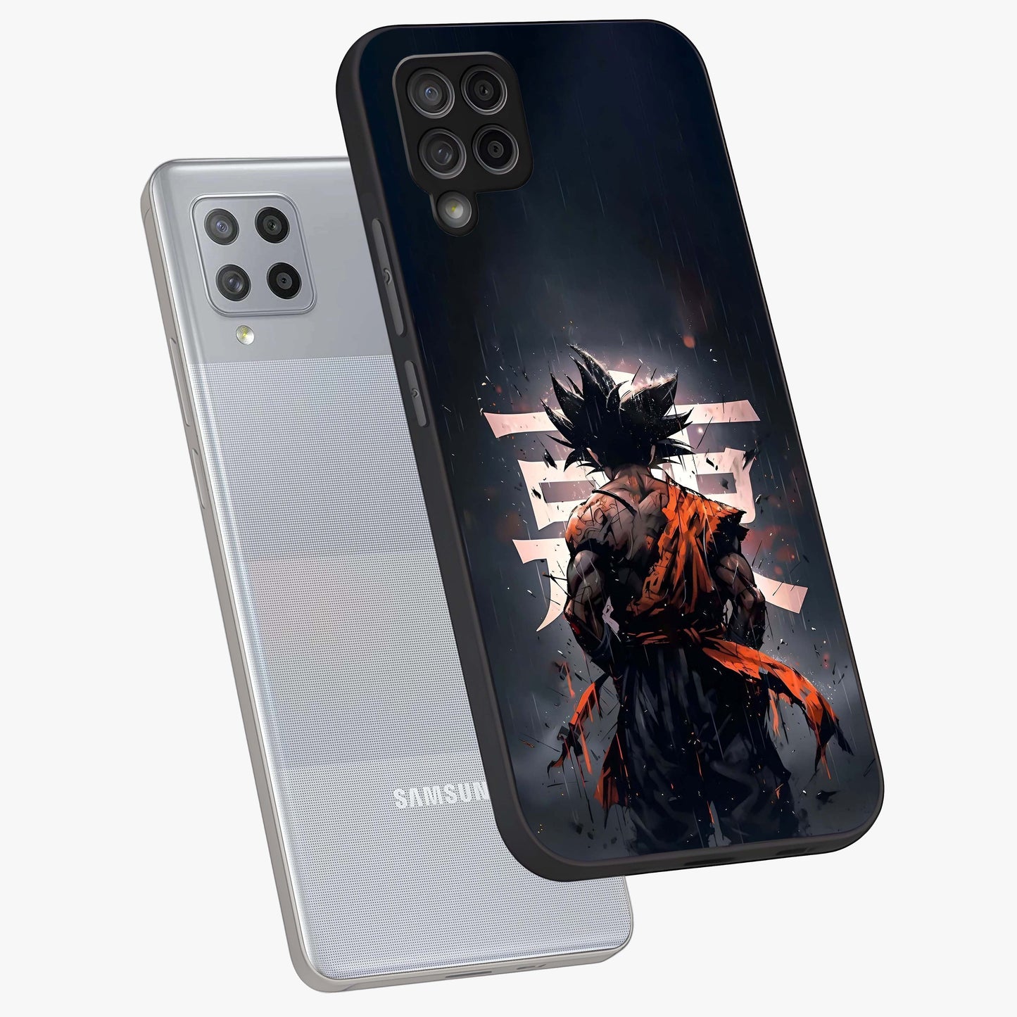 Dark Warrior In Rain Glass Case displayed in angled mockup highlighting dramatic warrior illustration with dark rain aesthetic.