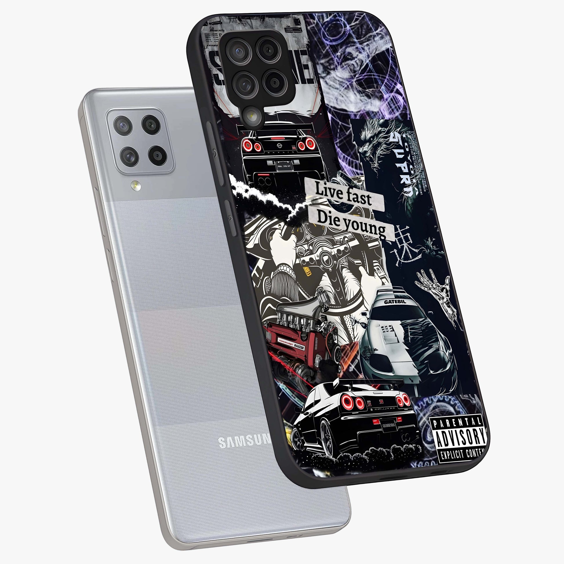 Die Young Glass Case displayed in angled mockup highlighting expressive graphic artwork with edgy aesthetic style.
