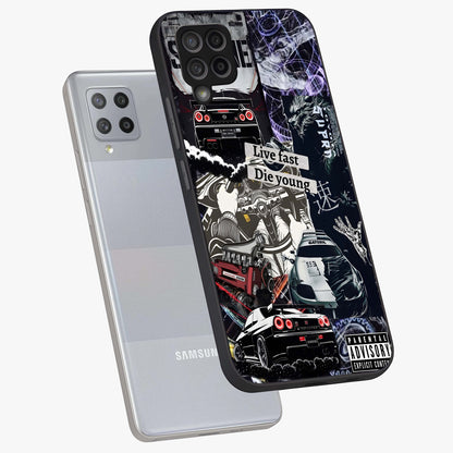 Die Young Glass Case displayed in angled mockup highlighting expressive graphic artwork with edgy aesthetic style.