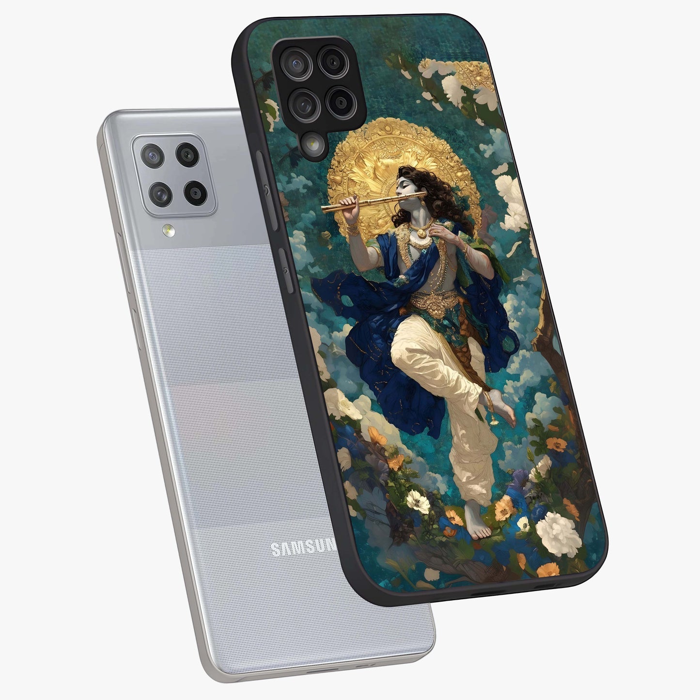Divine Krishna Art Glass Case displayed in angled mockup highlighting spiritual Krishna illustration with devotional aesthetic.