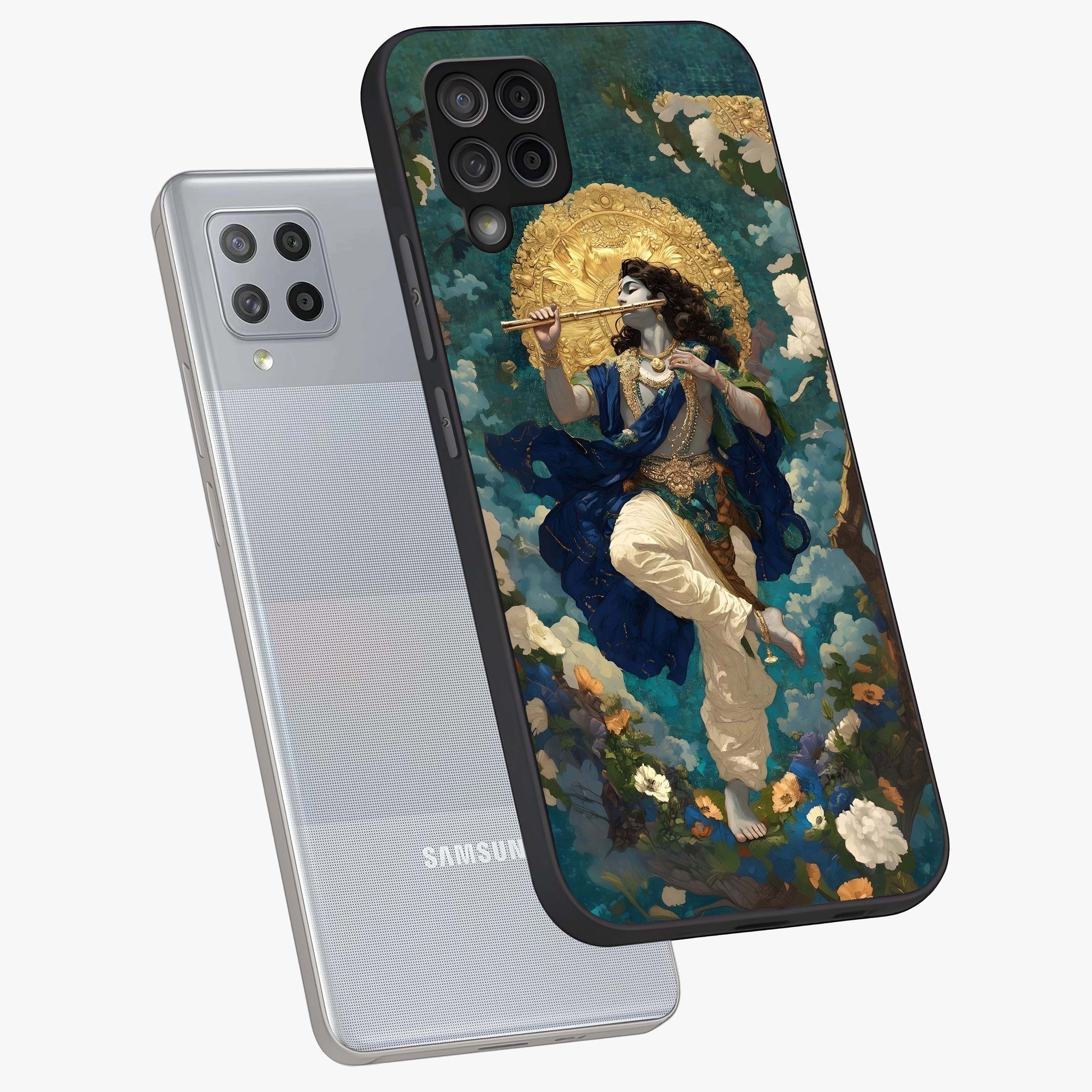 Divine Krishna Art Glass Case displayed in angled mockup highlighting spiritual Krishna illustration with devotional aesthetic.