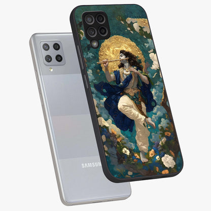 Divine Krishna Art Glass Case displayed in angled mockup highlighting spiritual Krishna illustration with devotional aesthetic.