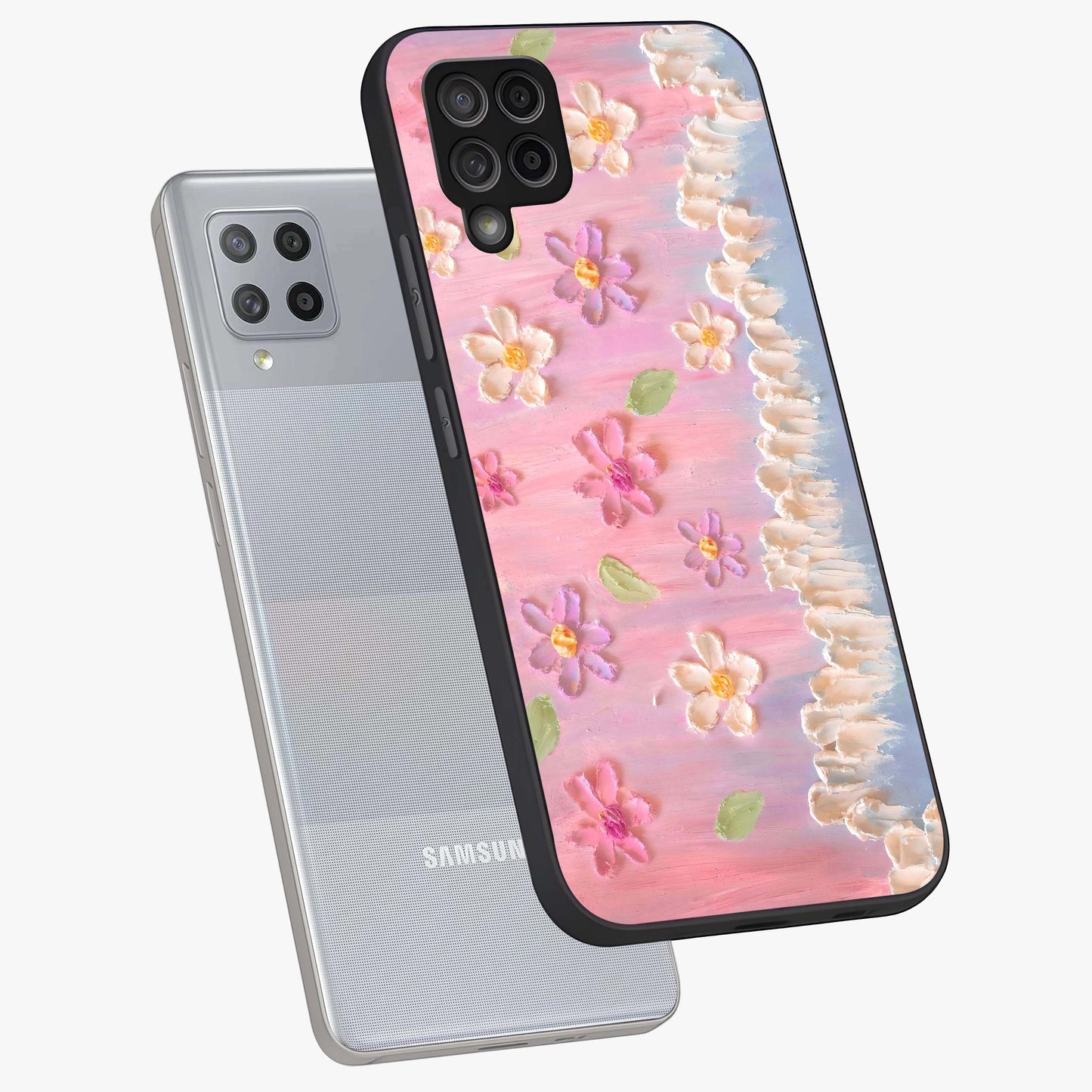 Dreamy Painted Garden Glass Case displayed in angled mockup highlighting colorful garden illustration with dreamy aesthetic style.