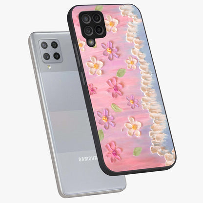Dreamy Painted Garden Glass Case displayed in angled mockup highlighting colorful garden illustration with dreamy aesthetic style.
