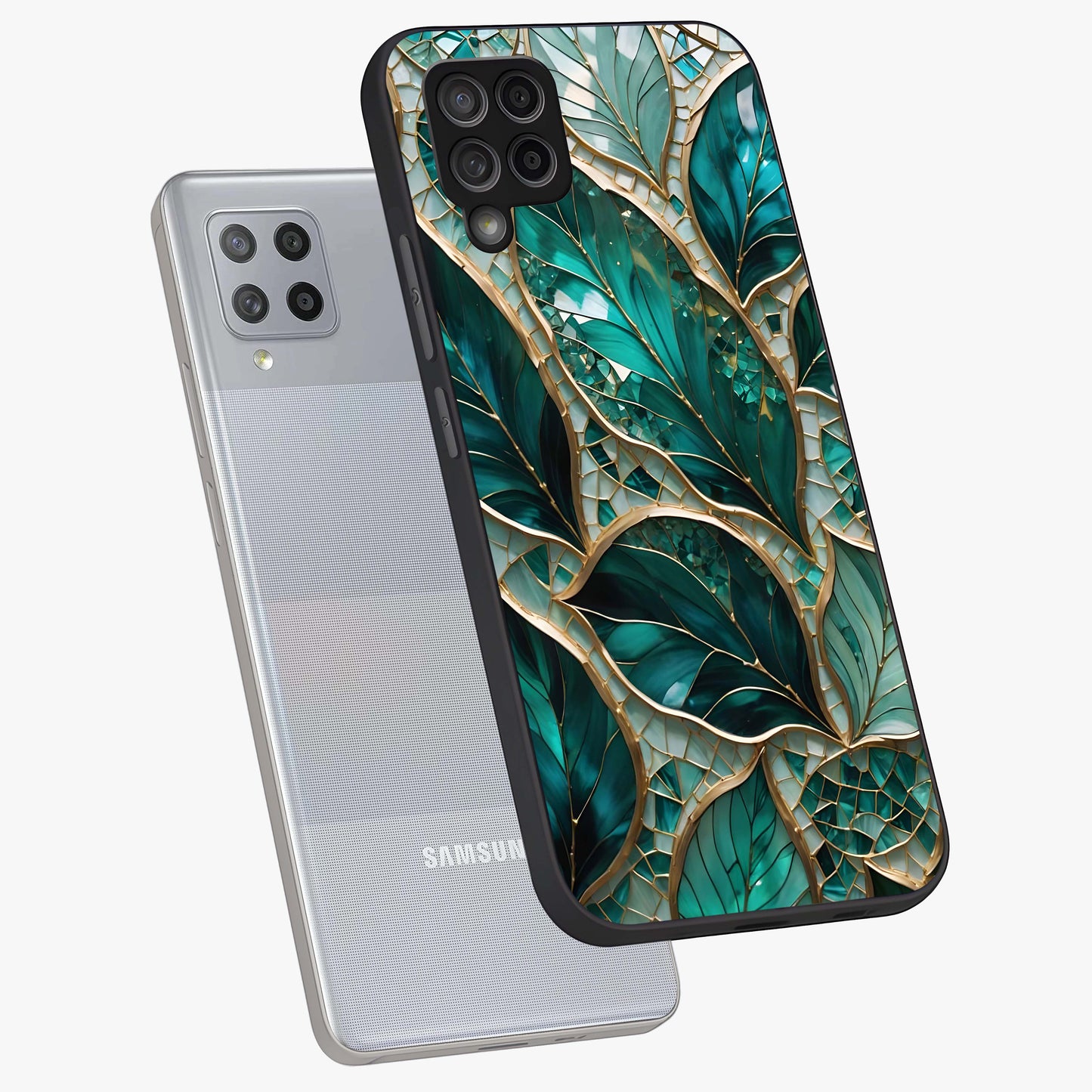Emerald Leaf Glass Glass Case displayed in angled mockup highlighting botanical leaf illustration with elegant natural aesthetic.